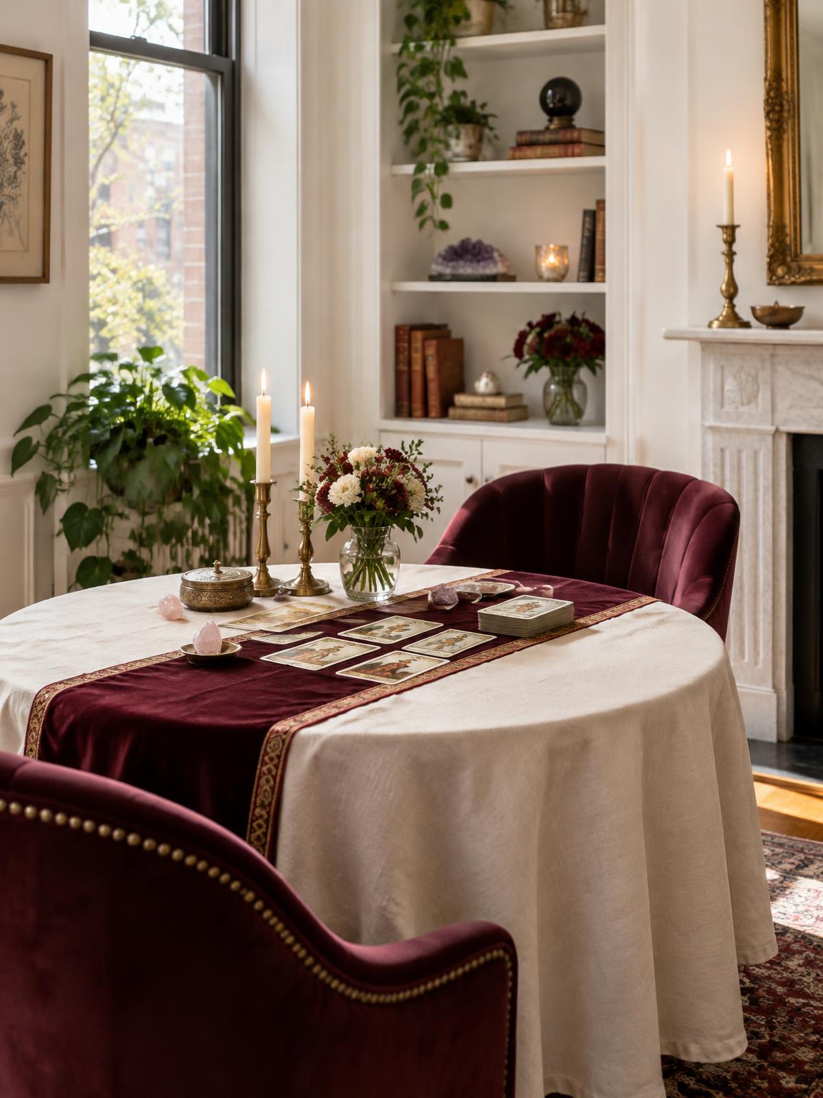 Light-filled Greenwich Village psychic sanctuary with a tarot reading table and burgundy chairs