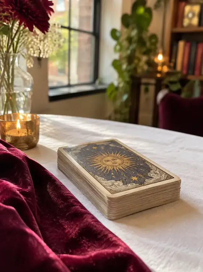 Vintage tarot deck on white linen in a warm Greenwich Village psychic sanctuary