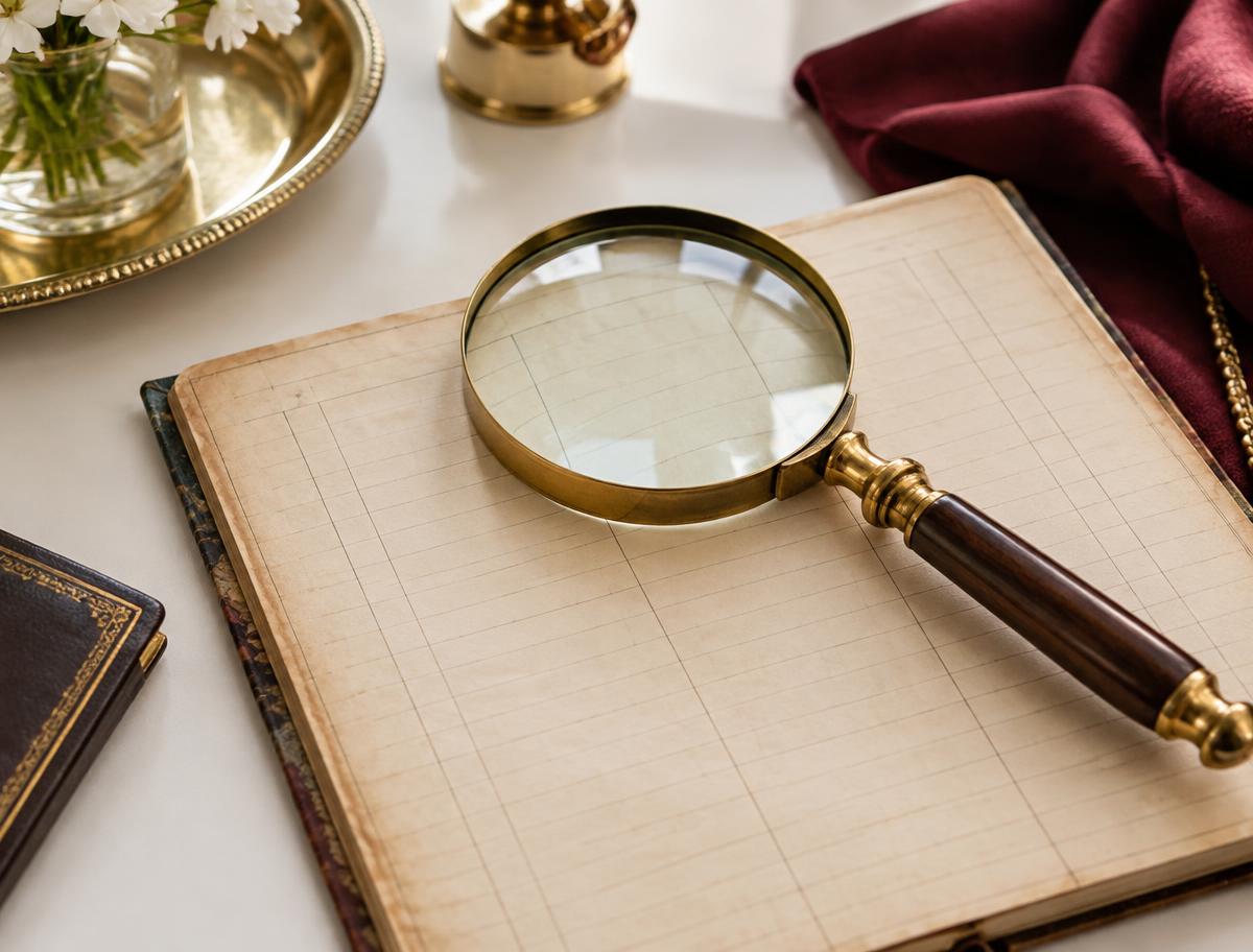 Brass magnifying glass resting on a well-kept appointment ledger representing 35 years of experience