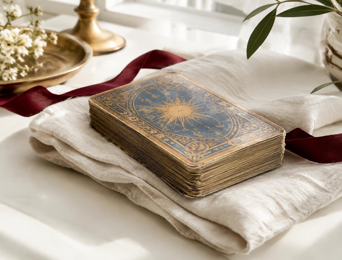 Antique family tarot deck on ivory linen representing Tina’s five-generation spiritual legacy