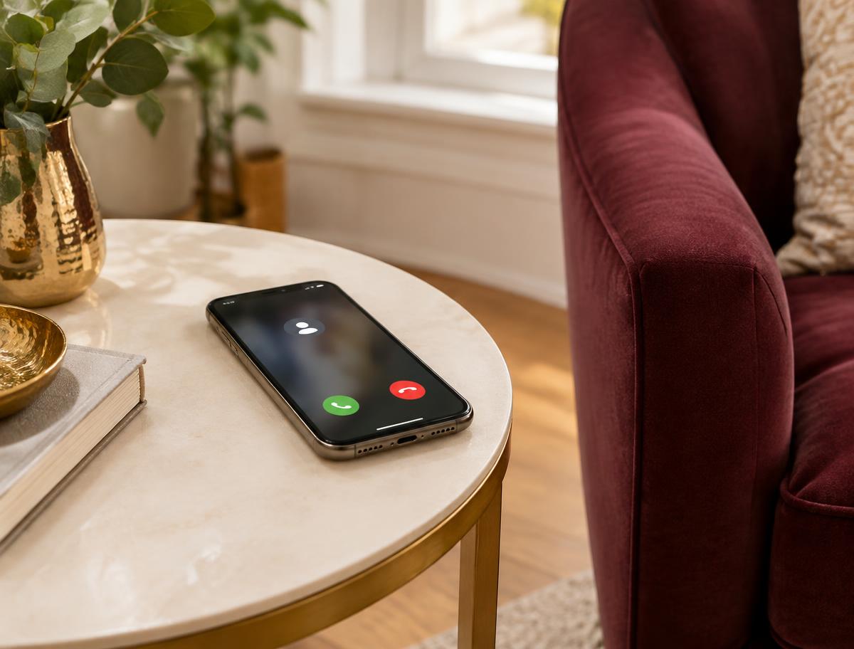 Smartphone ready for a private nationwide phone reading beside a burgundy chair