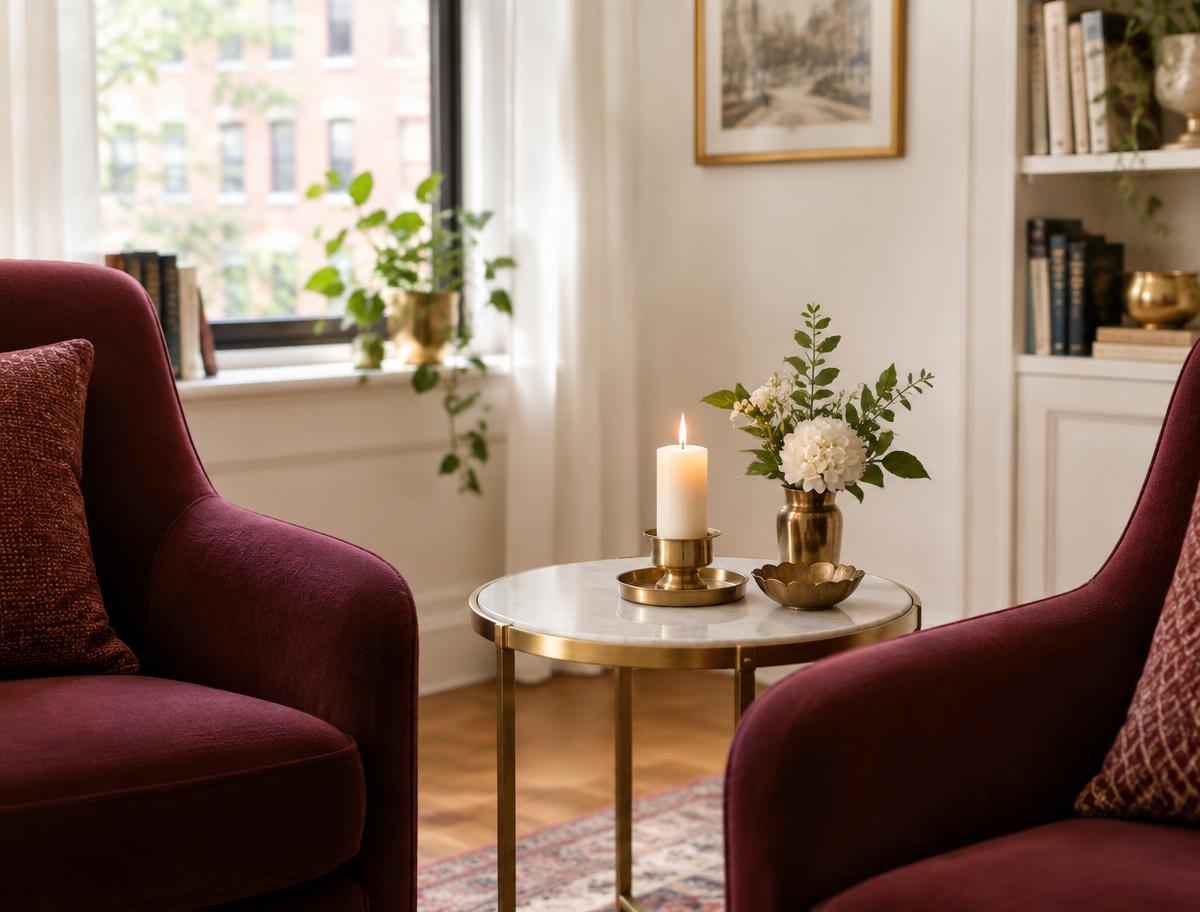 Warm private consultation space with burgundy chairs and a softly glowing candle