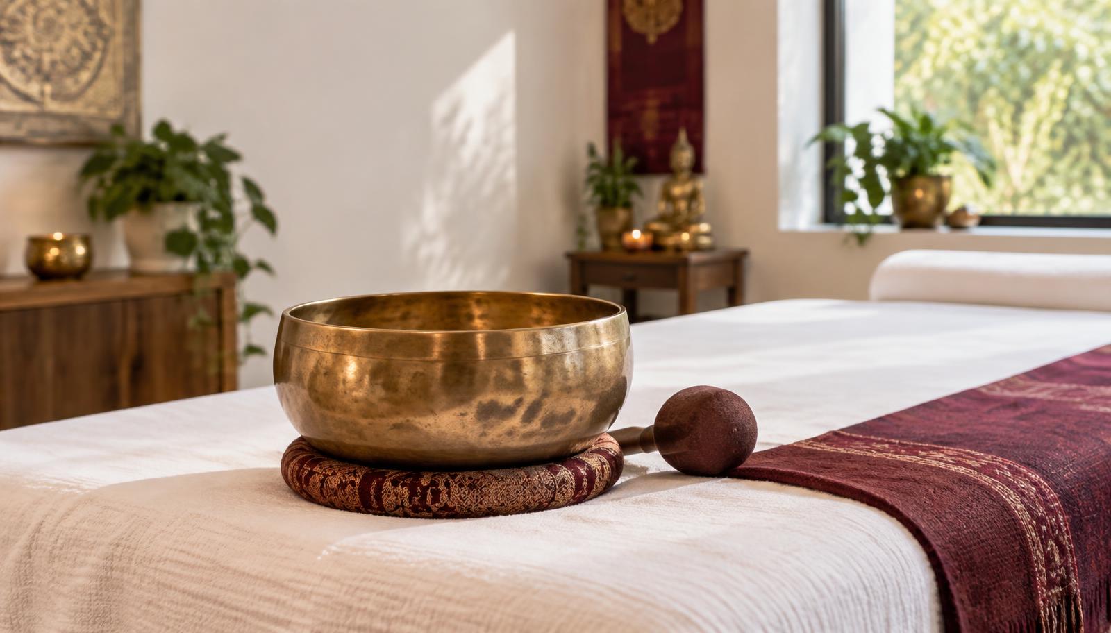 Brass Tibetan singing bowl prepared for an energy-balancing session