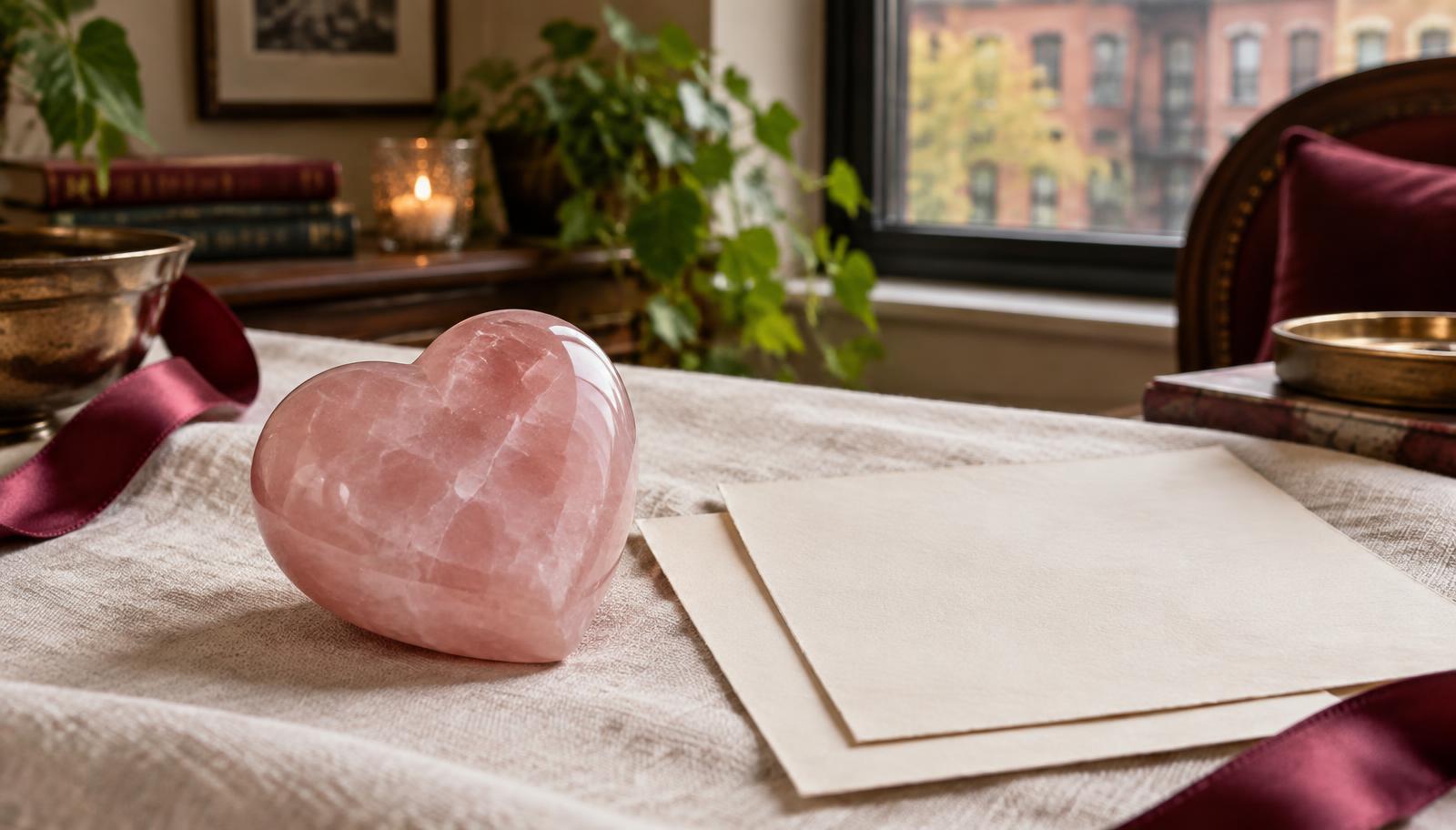 Polished rose quartz heart in a private relationship guidance setting