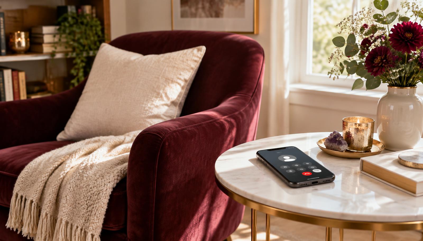 Phone ready for a private reading beside a burgundy chair in a calm home setting