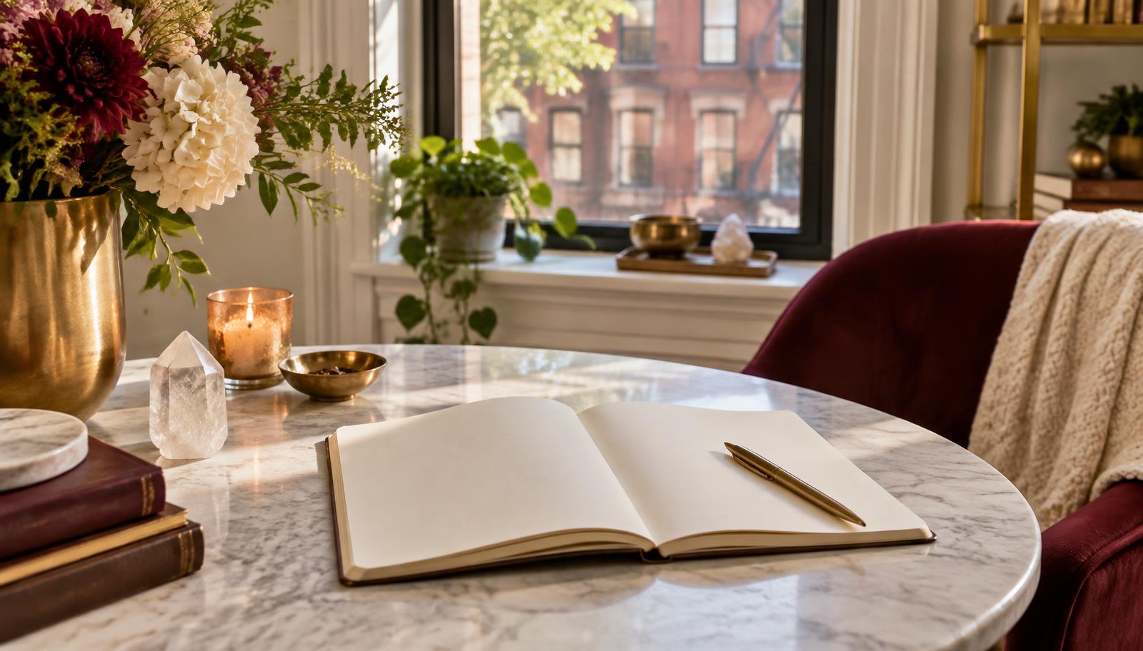 Open blank journal and quartz crystal in a peaceful Greenwich Village reading room