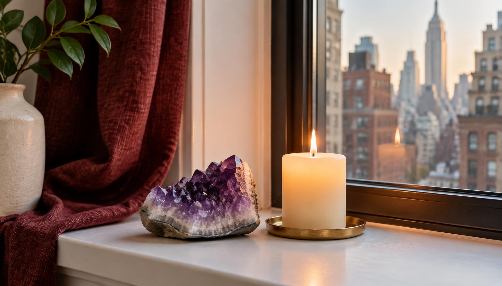 Amethyst crystal and ivory candle on a peaceful New York windowsill altar