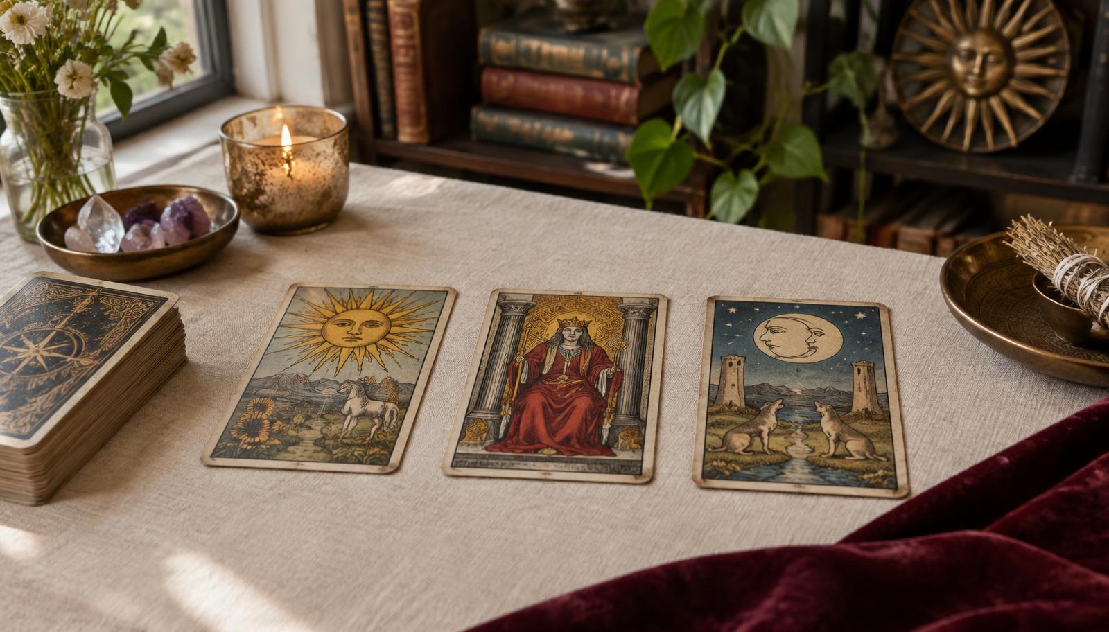 Authentic three-card tarot spread on ivory linen in a warm spiritual studio