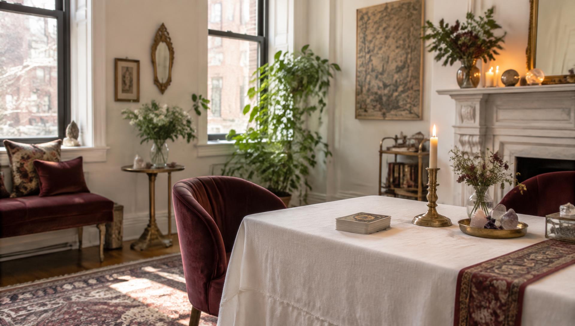 Airy Greenwich Village psychic reading room with a tarot deck, candle, crystals, and burgundy chairs