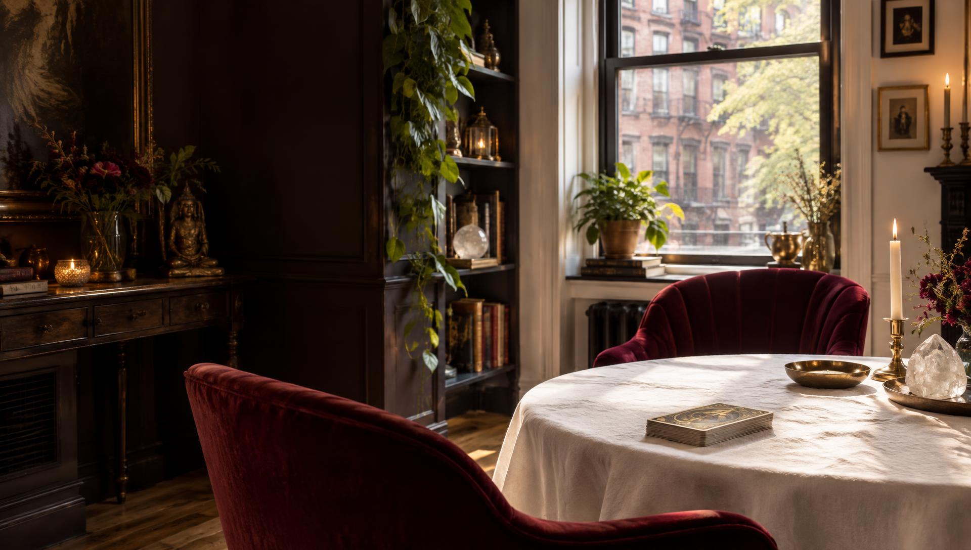 Elegant Greenwich Village psychic sanctuary with burgundy chairs and a tarot deck prepared on white linen