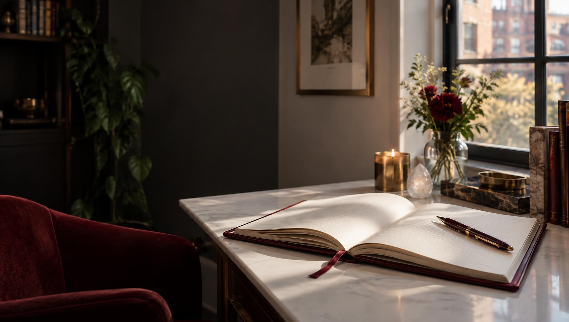 Open burgundy journal and fountain pen in a light-filled Greenwich Village sanctuary