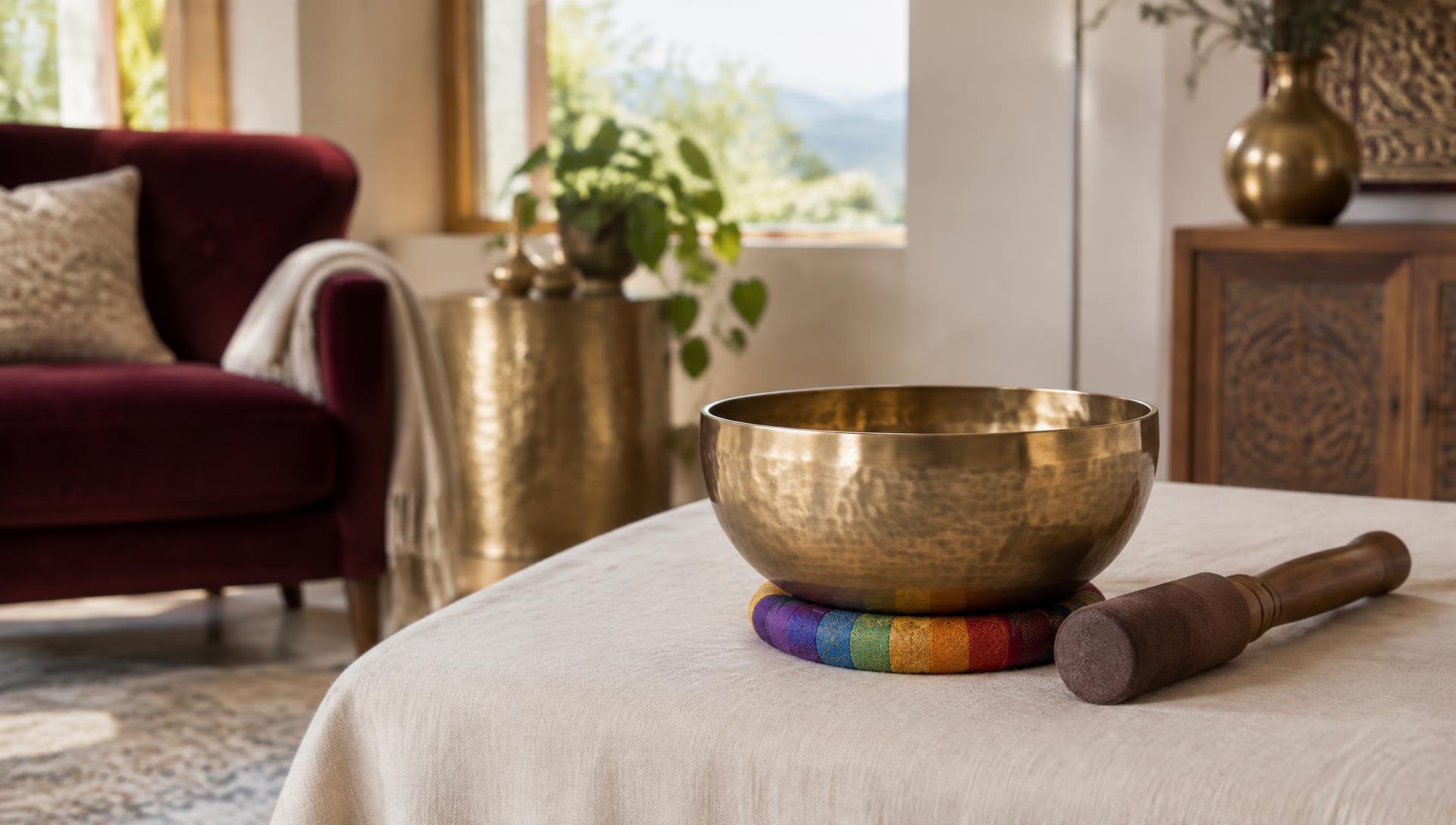 Hand-hammered brass Tibetan singing bowl and mallet prepared for chakra balancing