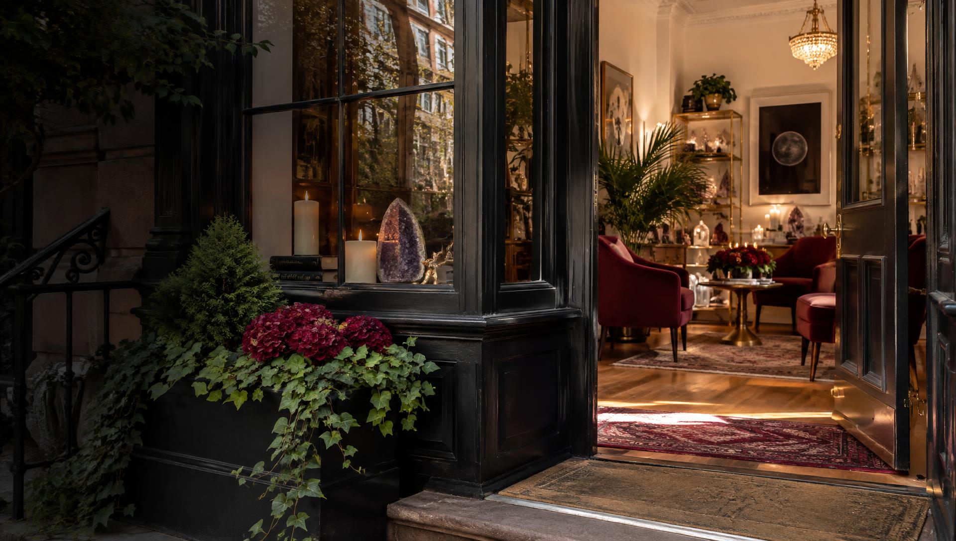 Welcoming Greenwich Village storefront entrance opening into a warm spiritual sanctuary