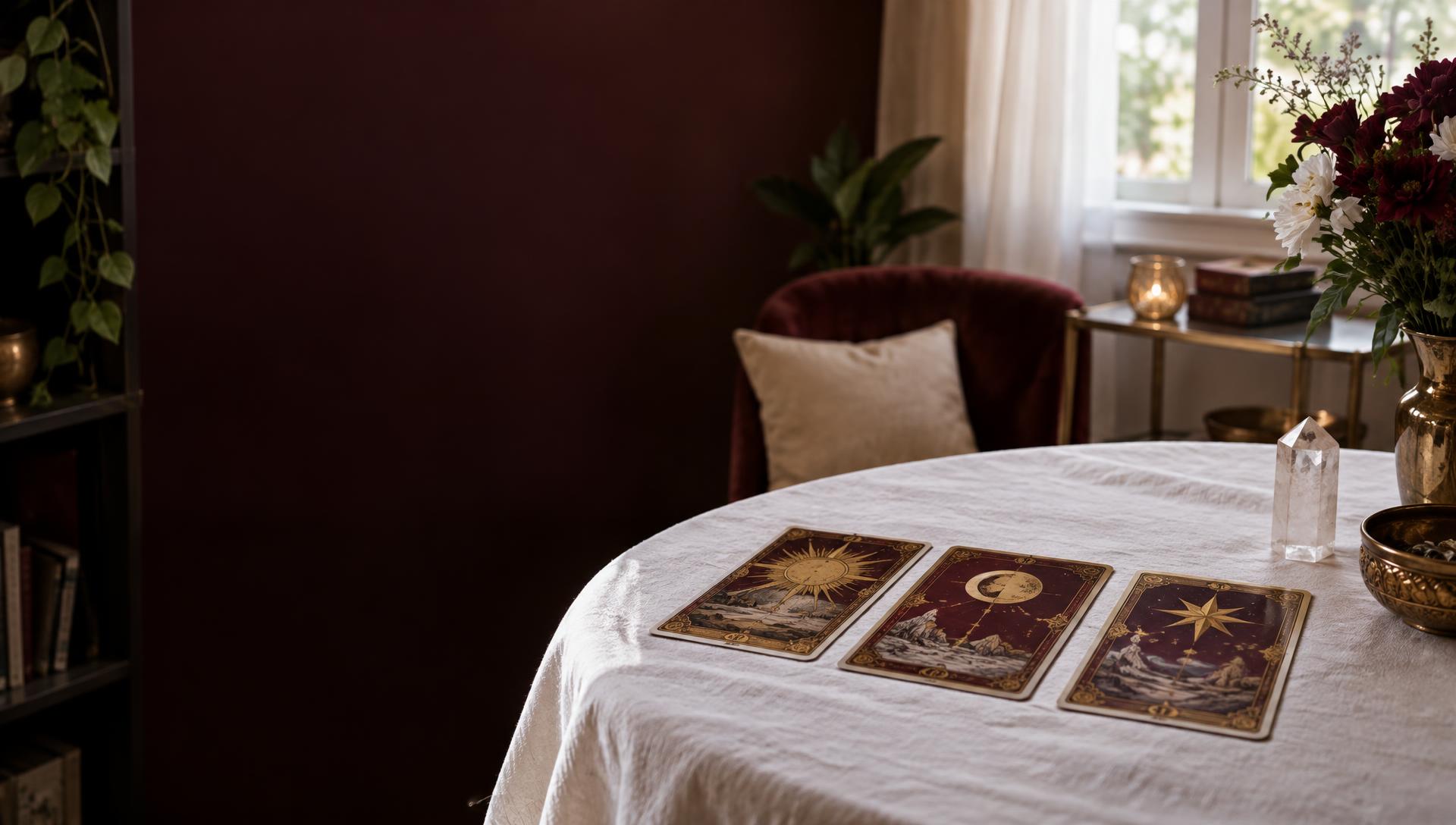 Three-card tarot spread and clear quartz prepared in an airy consultation room