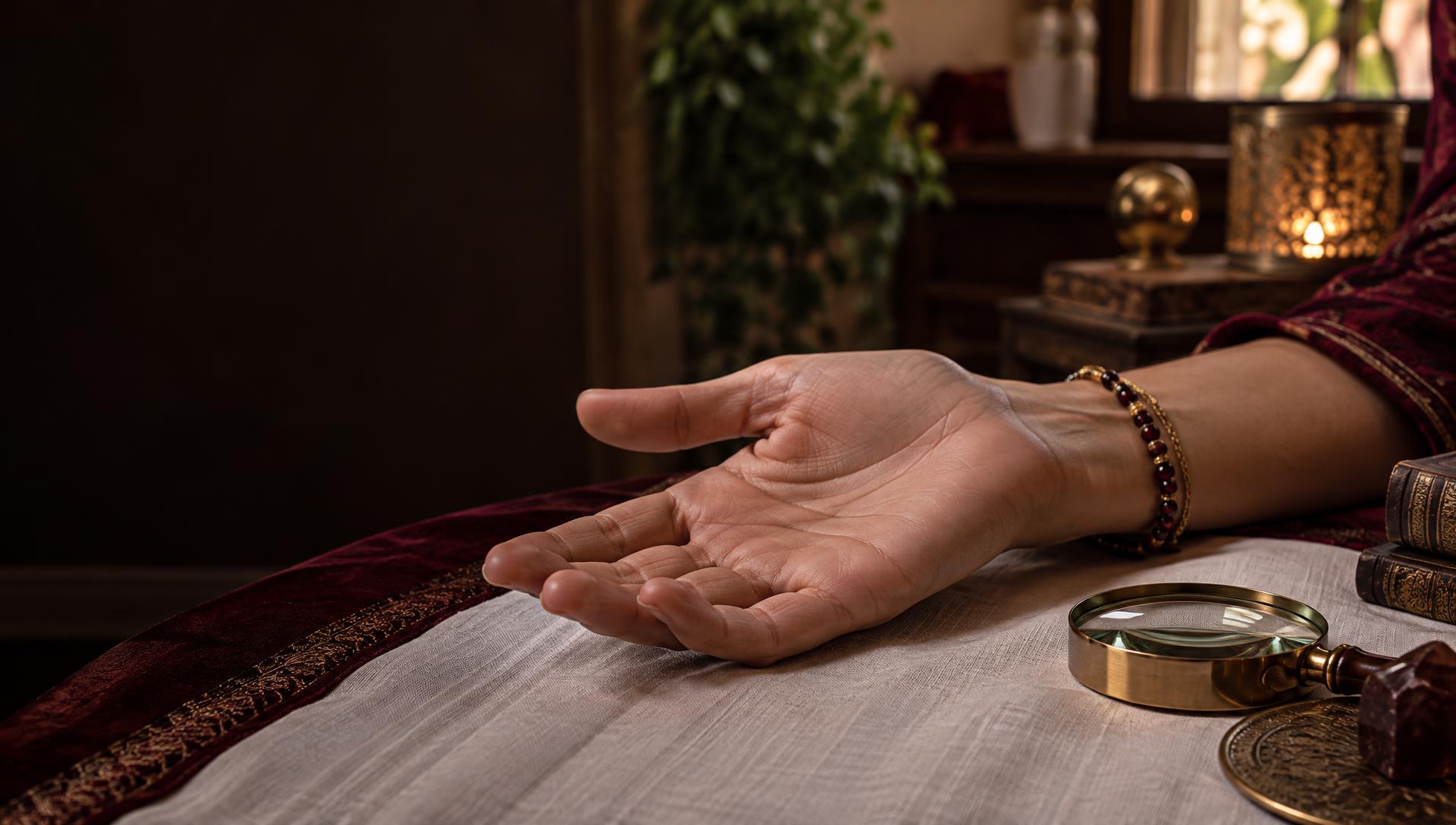 Open palm and professional magnifying lens prepared for a palm reading
