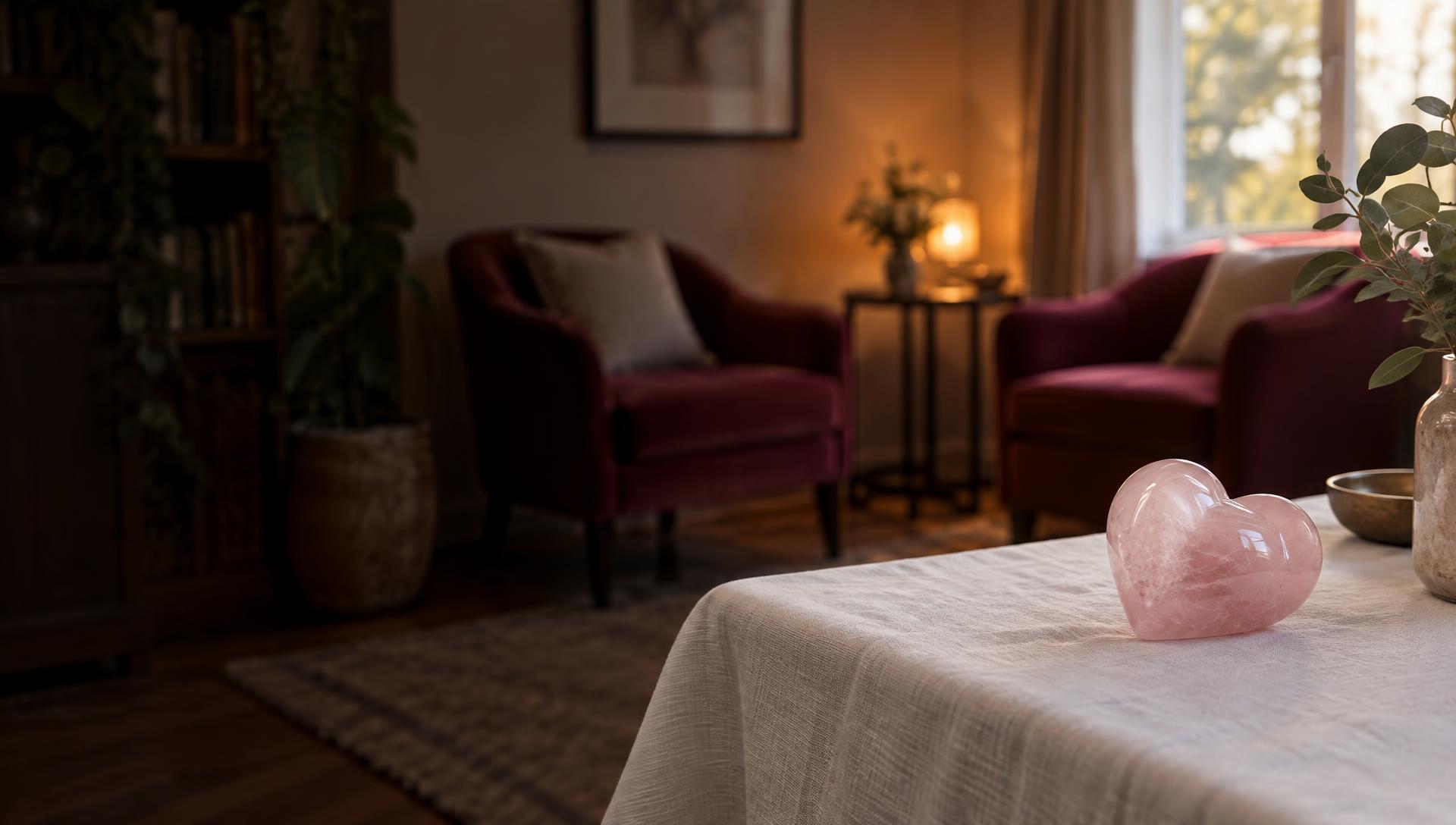 Rose quartz heart in a warm private relationship guidance room
