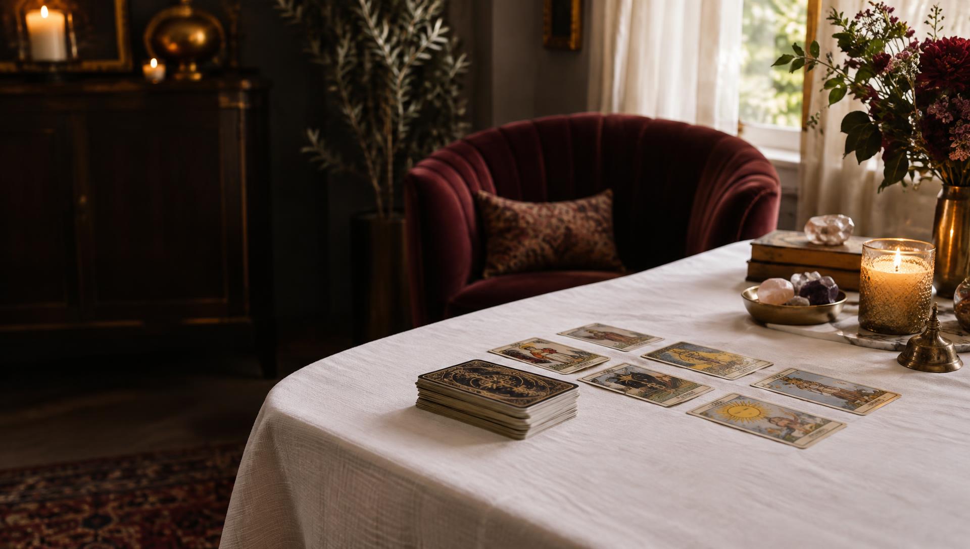 Traditional tarot card spread in a warm professional psychic reading room