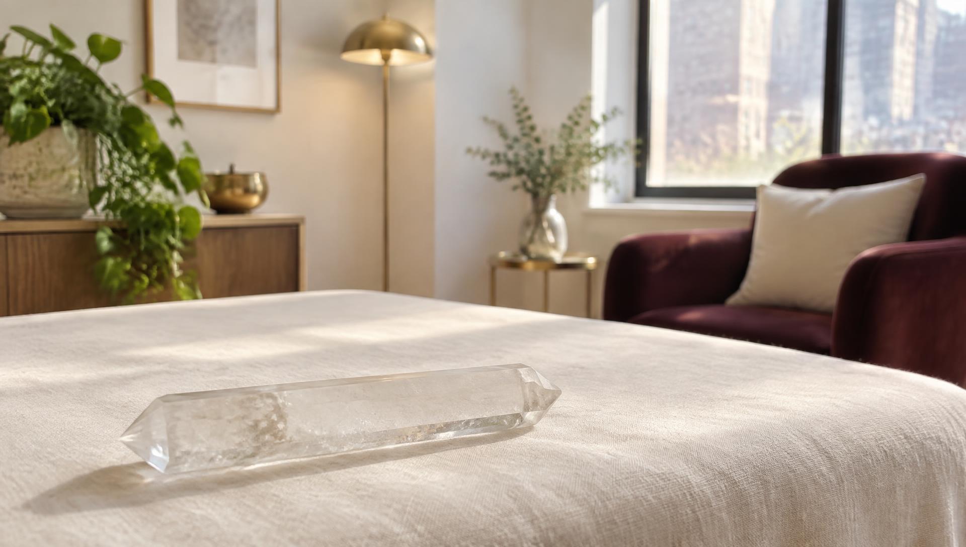 Single clear quartz healing wand in an airy professional spiritual healing room