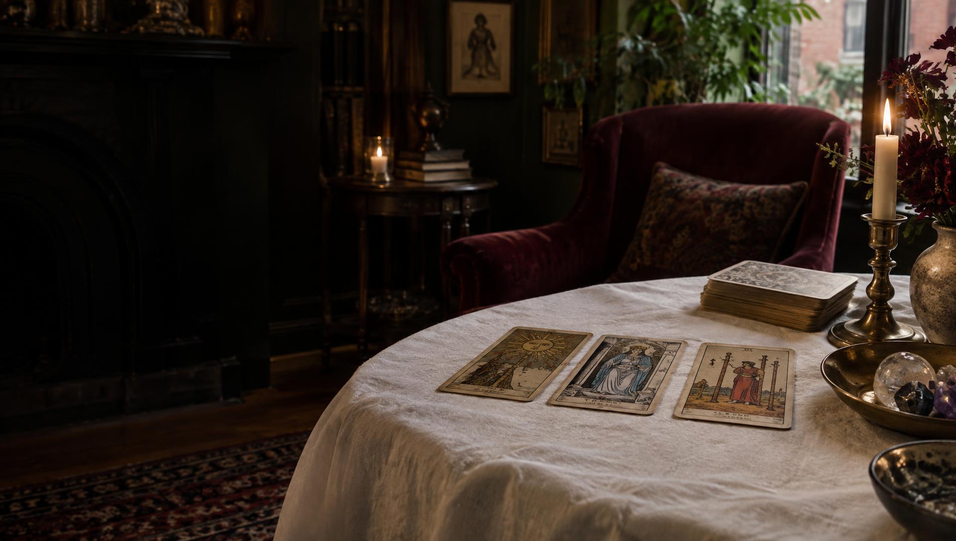 Traditional three-card tarot spread in a warm psychic reading room