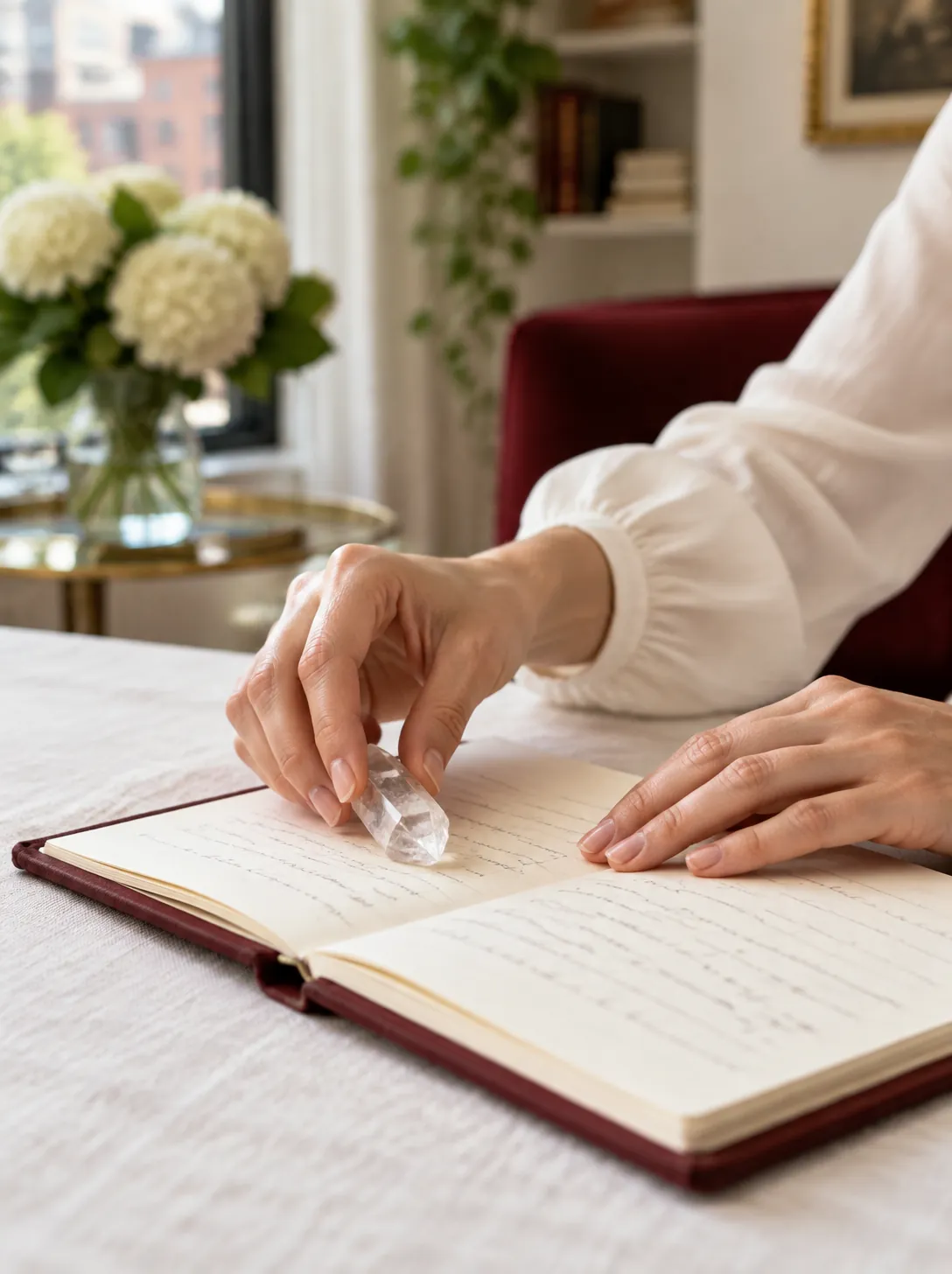 Woman’s hands placing clear quartz on questions written in a burgundy journal