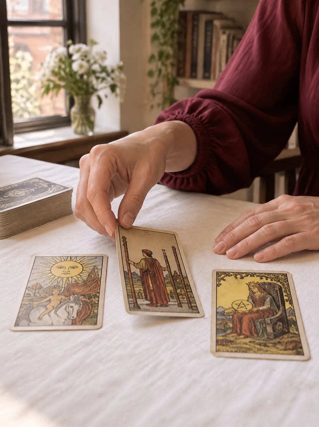 Psychic practitioner’s hands revealing a card in a traditional three-card tarot spread