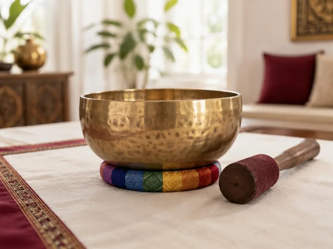 Hand-hammered brass Tibetan singing bowl and mallet on a chakra-colored cushion