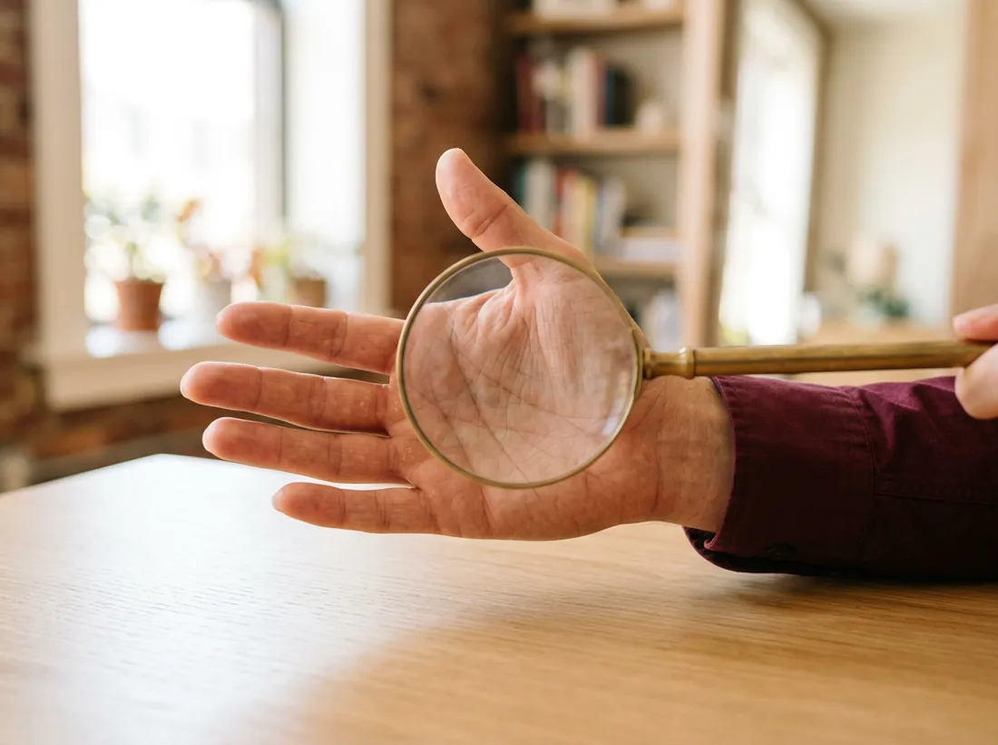 Magnifying lens examining the natural lines of an open palm during a palm reading