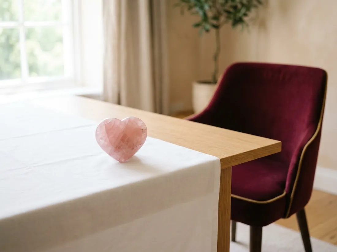 Rose quartz heart stone on a white consultation table beside a burgundy chair