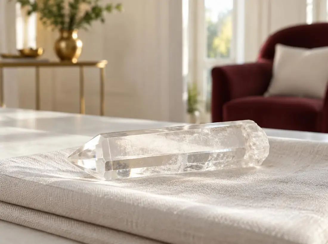 Single clear quartz healing wand on ivory linen in a bright professional spiritual healing room