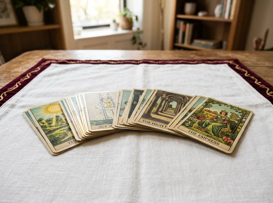 Classic tarot card deck fanned across a white reading cloth in an airy consultation room