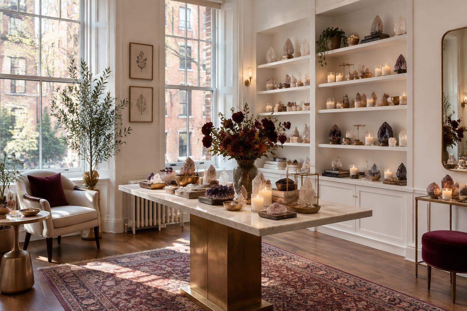 Light-filled Greenwich Village spiritual shop with crystals and candles displayed on white shelves